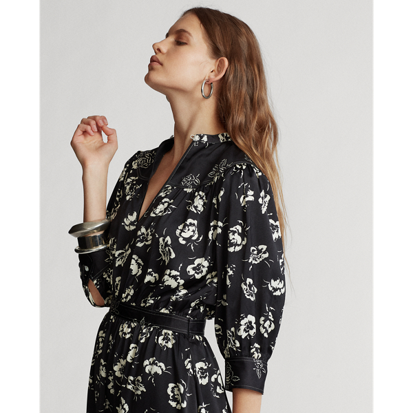 Black/White Floral Combo Rose-Print Satin Dress Polo Ralph Lauren 4