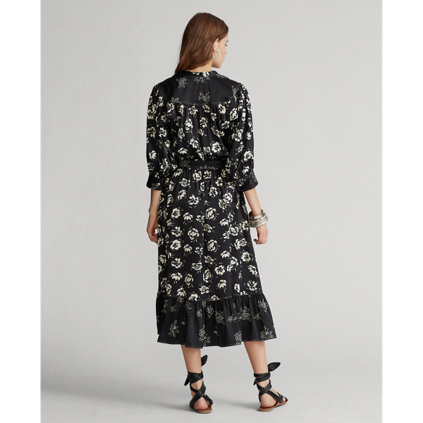 Black/White Floral Combo Rose-Print Satin Dress Polo Ralph Lauren 5
