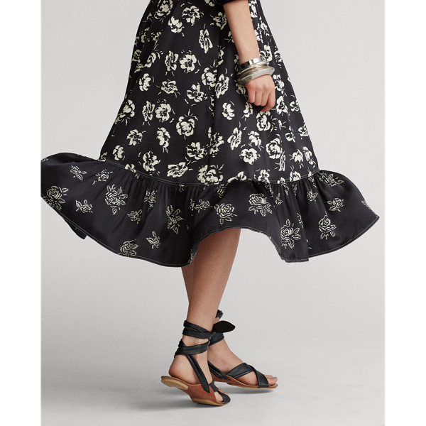 Black/White Floral Combo Rose-Print Satin Dress Polo Ralph Lauren 6