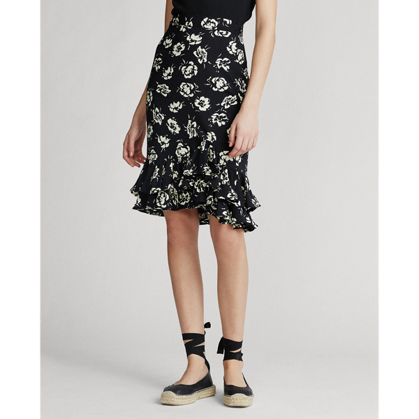 Black/White Floral Flounce-Hem Satin Skirt Polo Ralph Lauren 4