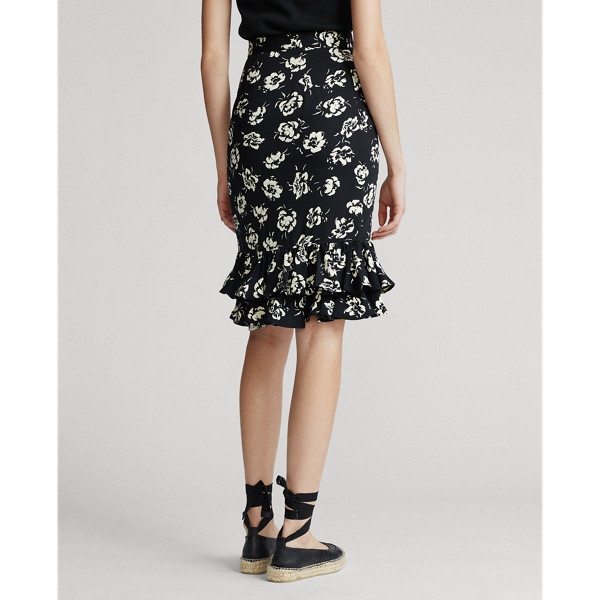 Black/White Floral Flounce-Hem Satin Skirt Polo Ralph Lauren 5