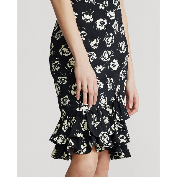Black/White Floral Flounce-Hem Satin Skirt Polo Ralph Lauren 6