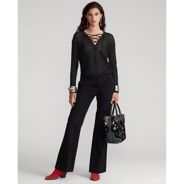 Black Lace-Up Linen Knit Top Polo Ralph Lauren 3