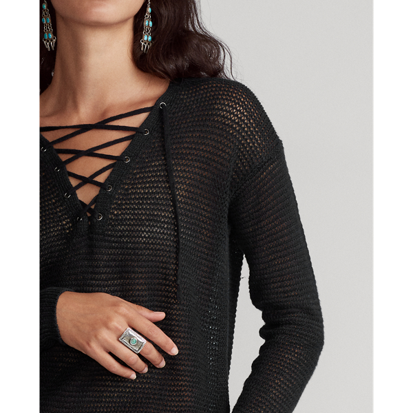 Black Lace-Up Linen Knit Top Polo Ralph Lauren 5