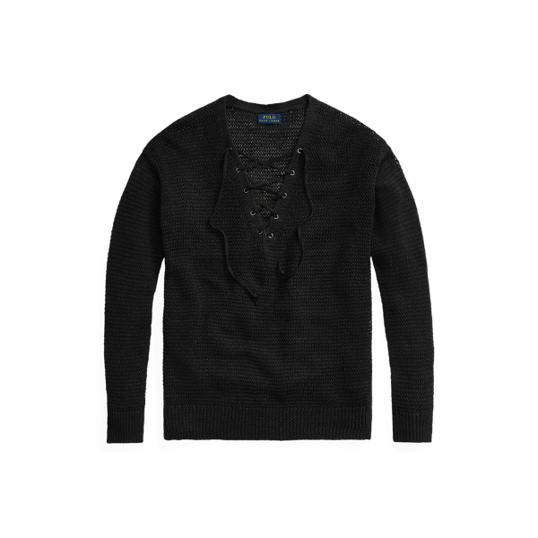 Black Lace-Up Linen Knit Top Polo Ralph Lauren 2