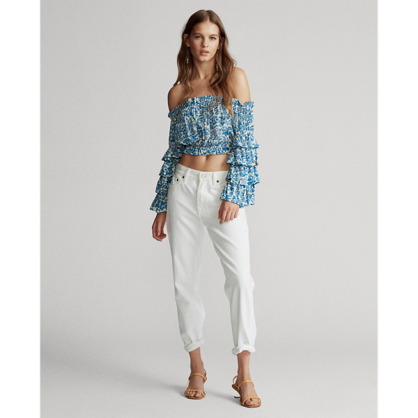 White/Aqua Blue Floral Floral Crepe Cropped Top Polo Ralph Lauren 3