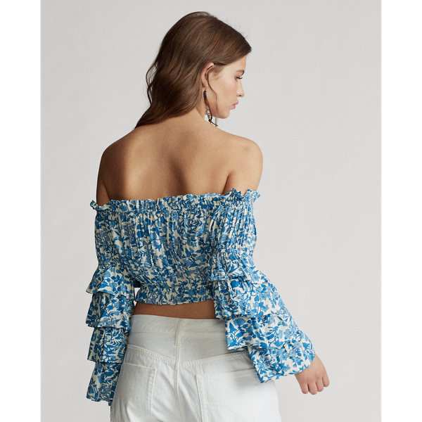 White/Aqua Blue Floral Floral Crepe Cropped Top Polo Ralph Lauren 4