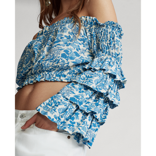 White/Aqua Blue Floral Floral Crepe Cropped Top Polo Ralph Lauren 5