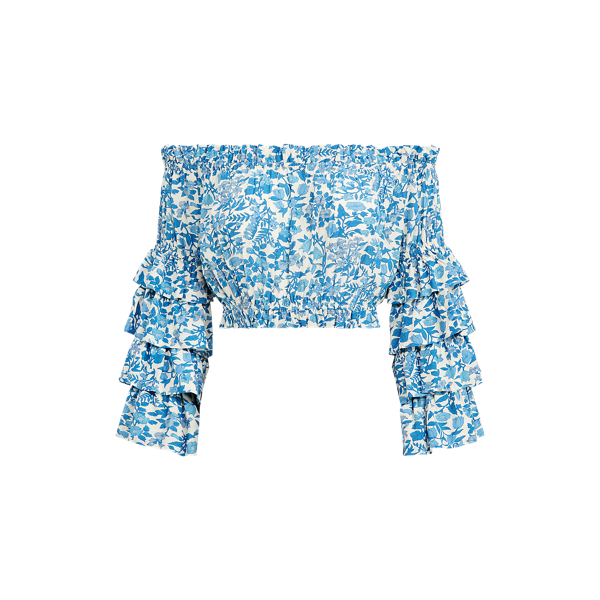 White/Aqua Blue Floral Floral Crepe Cropped Top Polo Ralph Lauren 2