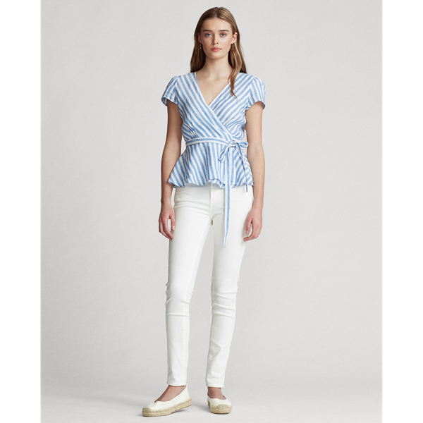 Blue/White Striped Linen Wrap Blouse Polo Ralph Lauren 3