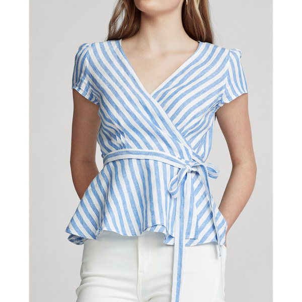 Blue/White Striped Linen Wrap Blouse Polo Ralph Lauren 5