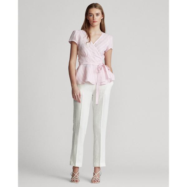 Carmel Pink/White Striped Linen Wrap Blouse Polo Ralph Lauren 3