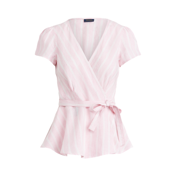 Carmel Pink/White Striped Linen Wrap Blouse Polo Ralph Lauren 2
