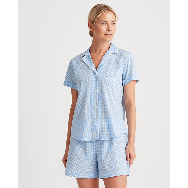 Blue Check Print Cotton-Blend Sleep Set Lauren 3