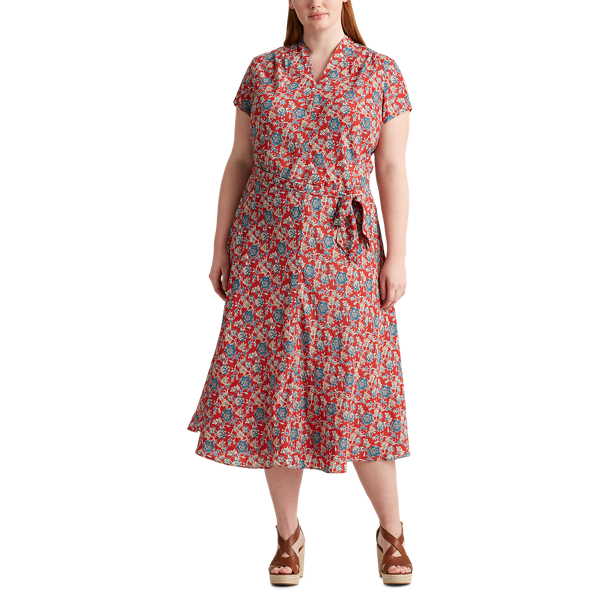 Red Multi Floral Crepe Midi Dress Lauren Woman 3