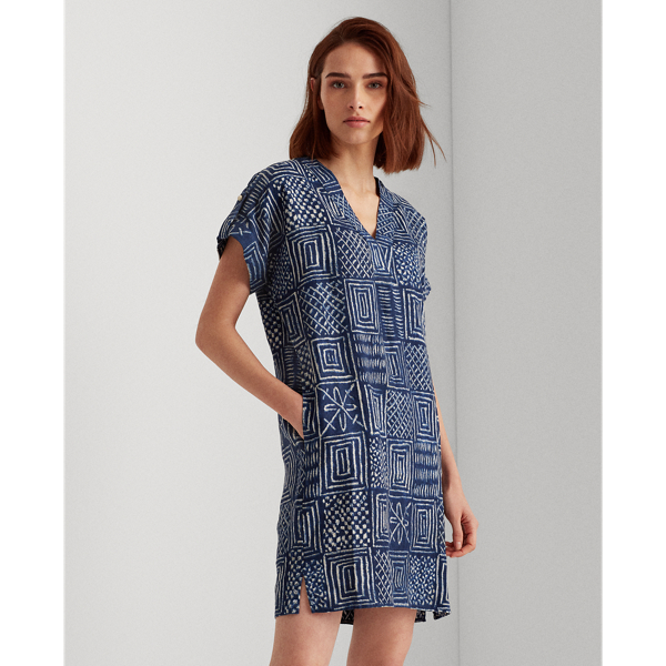 Dark Blue Multi Print Linen Shift Dress Lauren 4