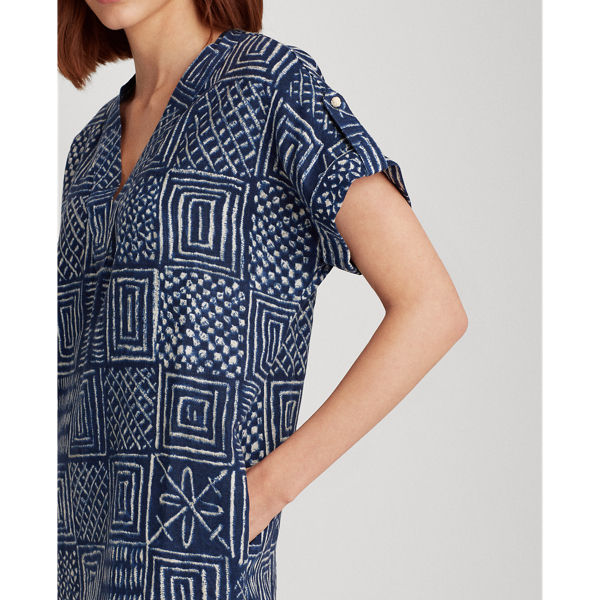 Dark Blue Multi Print Linen Shift Dress Lauren 6