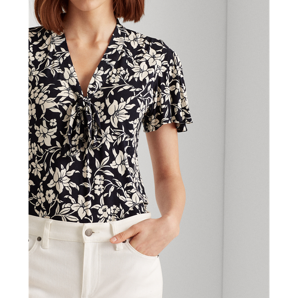 Lauren Navy/Cream Tie-Neck Floral Jersey Top Lauren 5