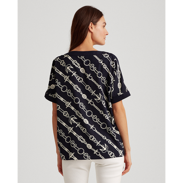 Anchor-Print Crepe Top Lauren em Lauren Navy/Pale Cream 4
