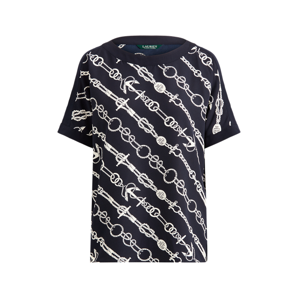 Anchor-Print Crepe Top Lauren em Lauren Navy/Pale Cream 2