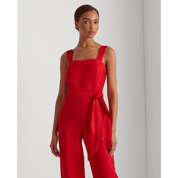 Orient Red Linen Twill Wide-Leg Jumpsuit Lauren 3