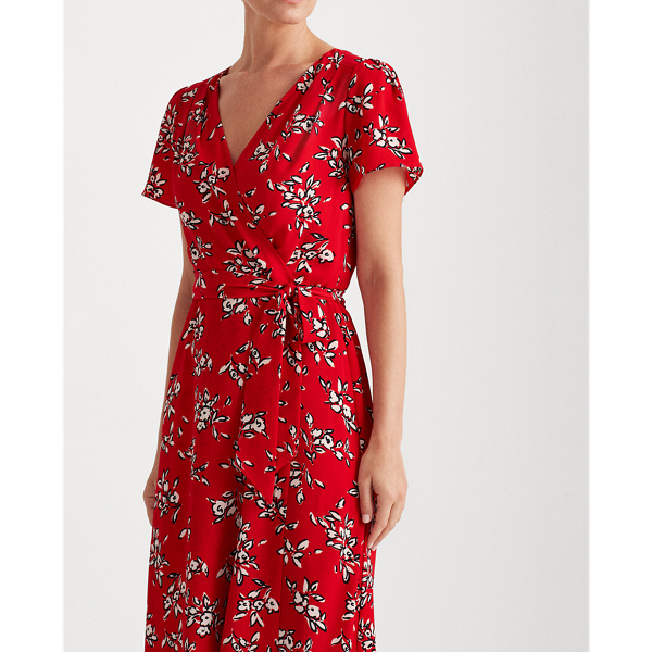 Red/Navy/Cream Floral Crepe Dress Lauren 6
