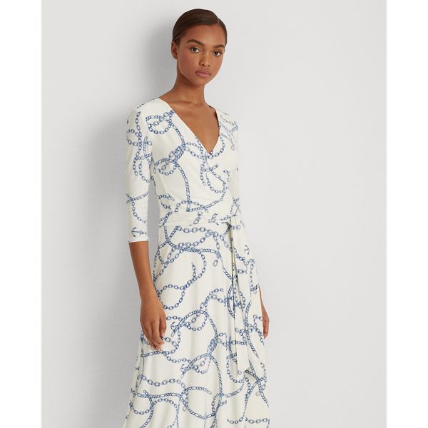 Colonial Cream/Summer Sap Printed Jersey Surplice Dress Lauren 3