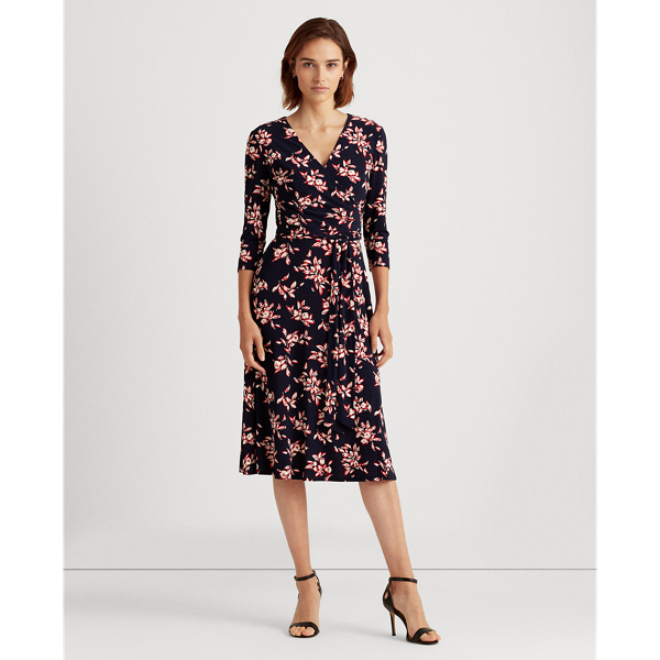 Navy/Orient Red/Cream Floral Jersey Surplice Dress Lauren 4