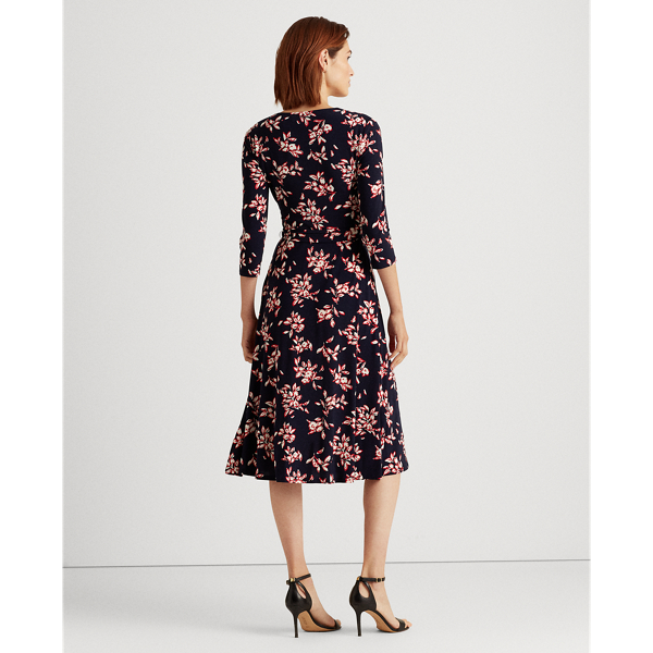 Navy/Orient Red/Cream Floral Jersey Surplice Dress Lauren 5