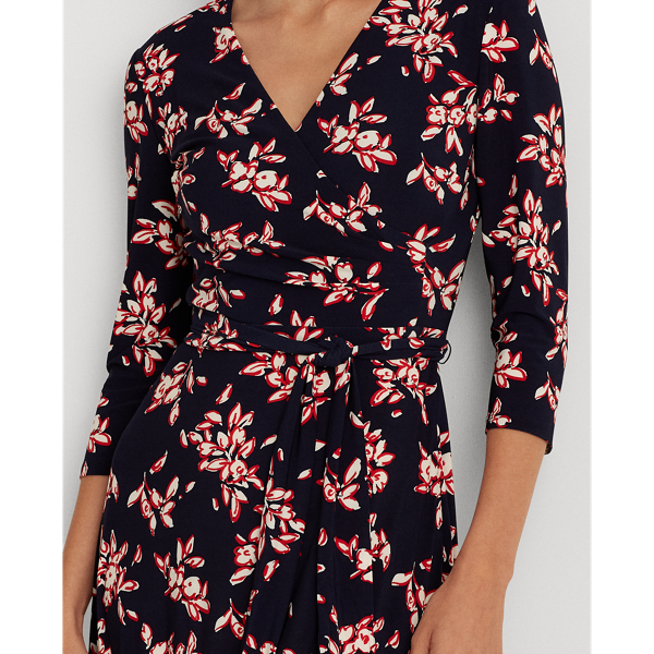 Navy/Orient Red/Cream Floral Jersey Surplice Dress Lauren 6