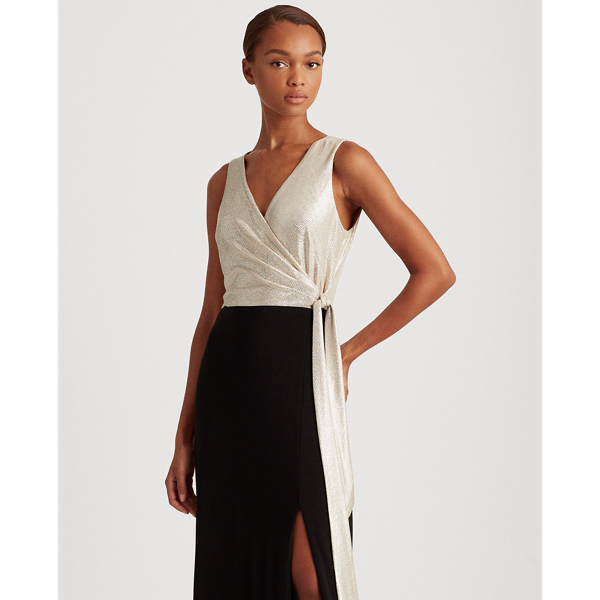 Black/Lannister Gold Surplice Metallic-Bodice Gown Lauren 3
