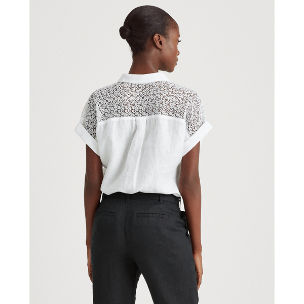 White Linen-Lace Roll-Sleeve Shirt Lauren 3