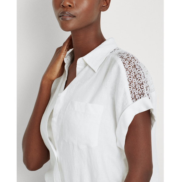 White Linen-Lace Roll-Sleeve Shirt Lauren 4