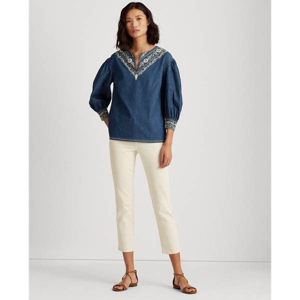 Embroidered Cotton Twill Top Lauren in Moroccan Blue Wash 3