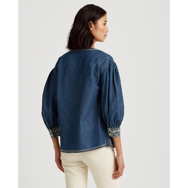 Embroidered Cotton Twill Top Lauren in Moroccan Blue Wash 4