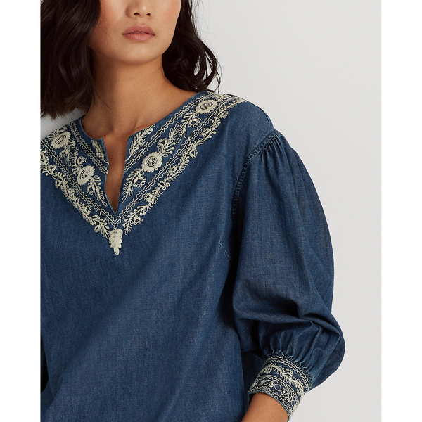 Embroidered Cotton Twill Top Lauren in Moroccan Blue Wash 5