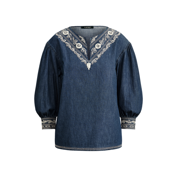 Embroidered Cotton Twill Top Lauren in Moroccan Blue Wash 2