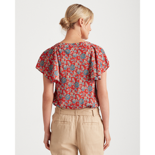 Red Multi Floral Crepe Tie-Neck Top Lauren 4