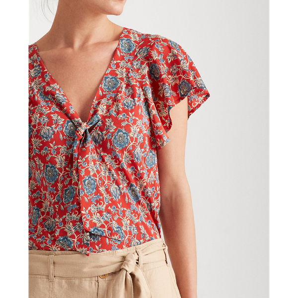 Red Multi Floral Crepe Tie-Neck Top Lauren 5