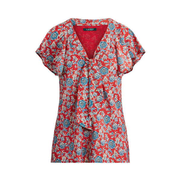 Red Multi Floral Crepe Tie-Neck Top Lauren 2