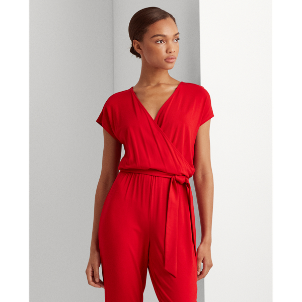 Orient Red Stretch Faux-Wrap Jumpsuit Lauren 4