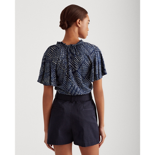 Dk Blue Multi Print Linen-Blend Tie-Neck Top Lauren 4