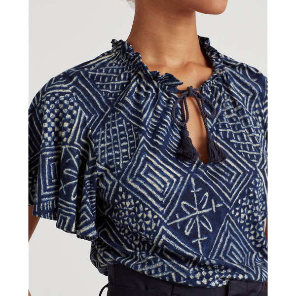 Dk Blue Multi Print Linen-Blend Tie-Neck Top Lauren 5