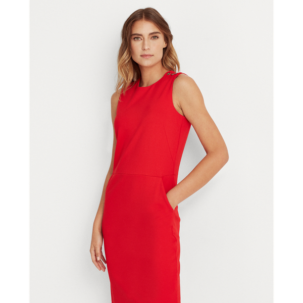 Orient Red Button-Trim Ponte Dress Lauren 4