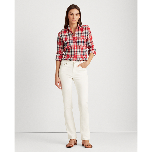 Red Multi Plaid Crinkle Cotton Shirt Lauren 3