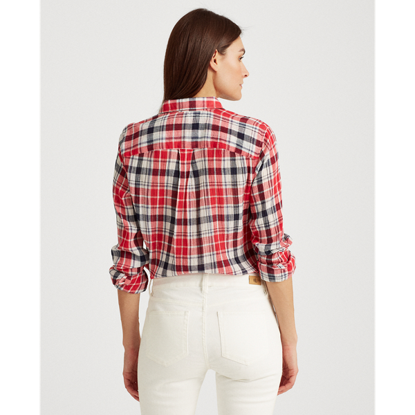 Red Multi Plaid Crinkle Cotton Shirt Lauren 4