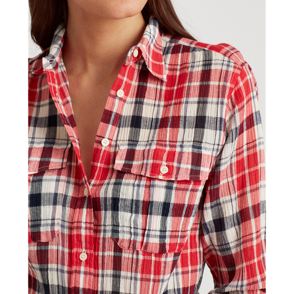 Red Multi Plaid Crinkle Cotton Shirt Lauren 5