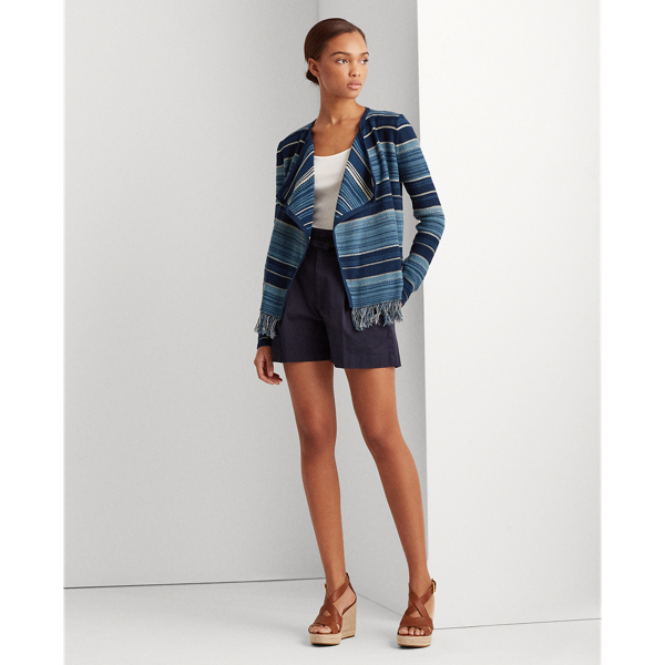Blue Multi Striped Fringe-Trim Cardigan Lauren 3