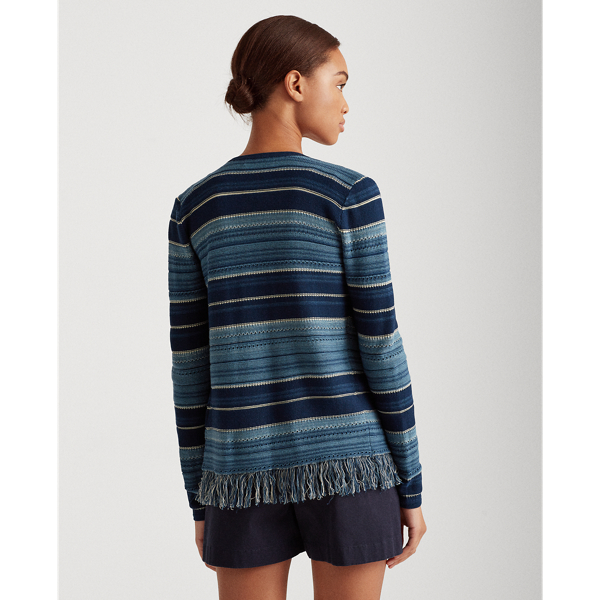 Blue Multi Striped Fringe-Trim Cardigan Lauren 4