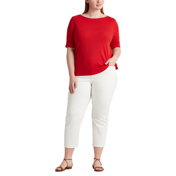 Orient Red Cotton-Blend Boatneck Top Lauren Woman 2